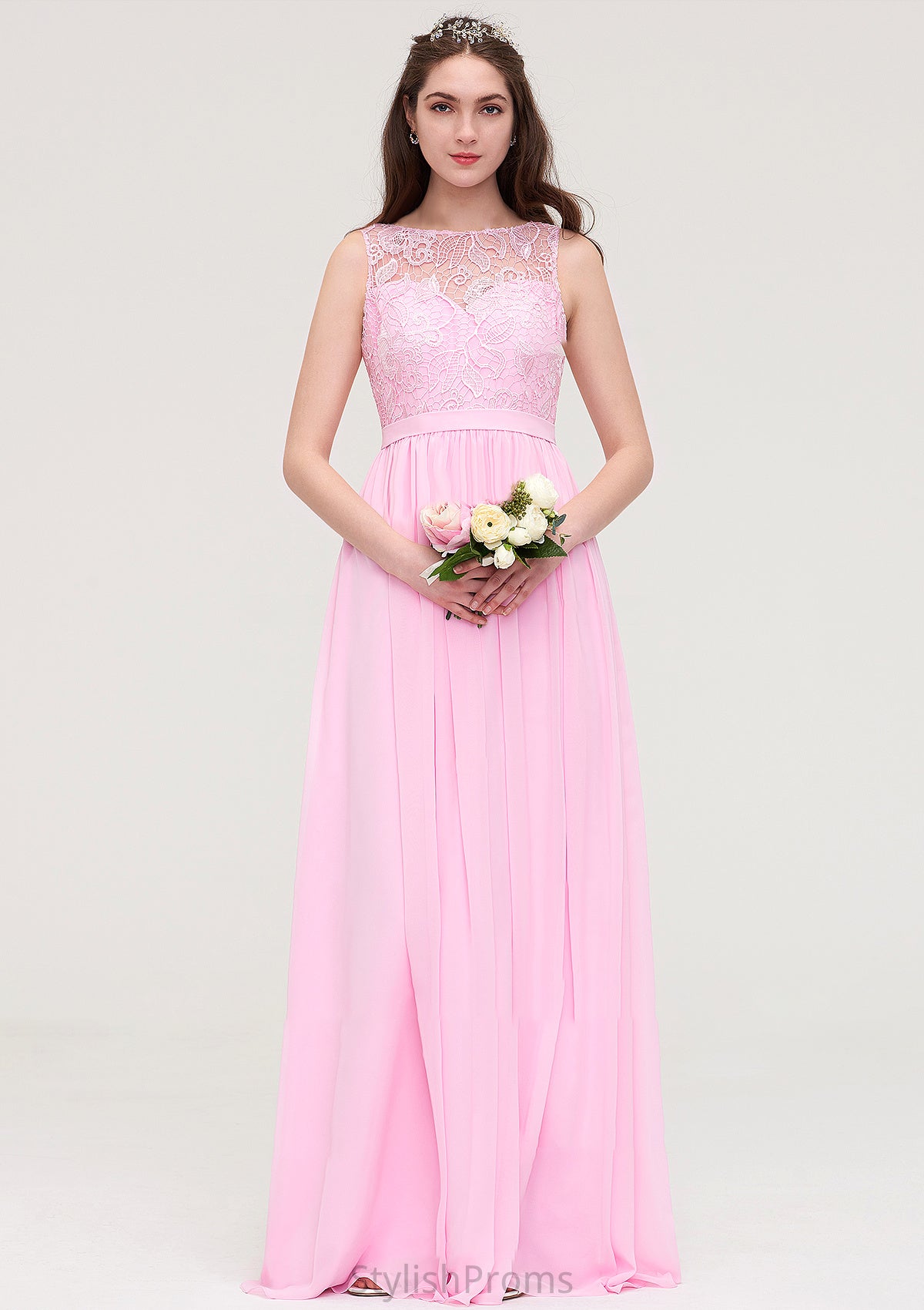 Bateau Sleeveless Long/Floor-Length Chiffon A-line/Princess Bridesmaid Dresses With Lace Aniya HQP0025489