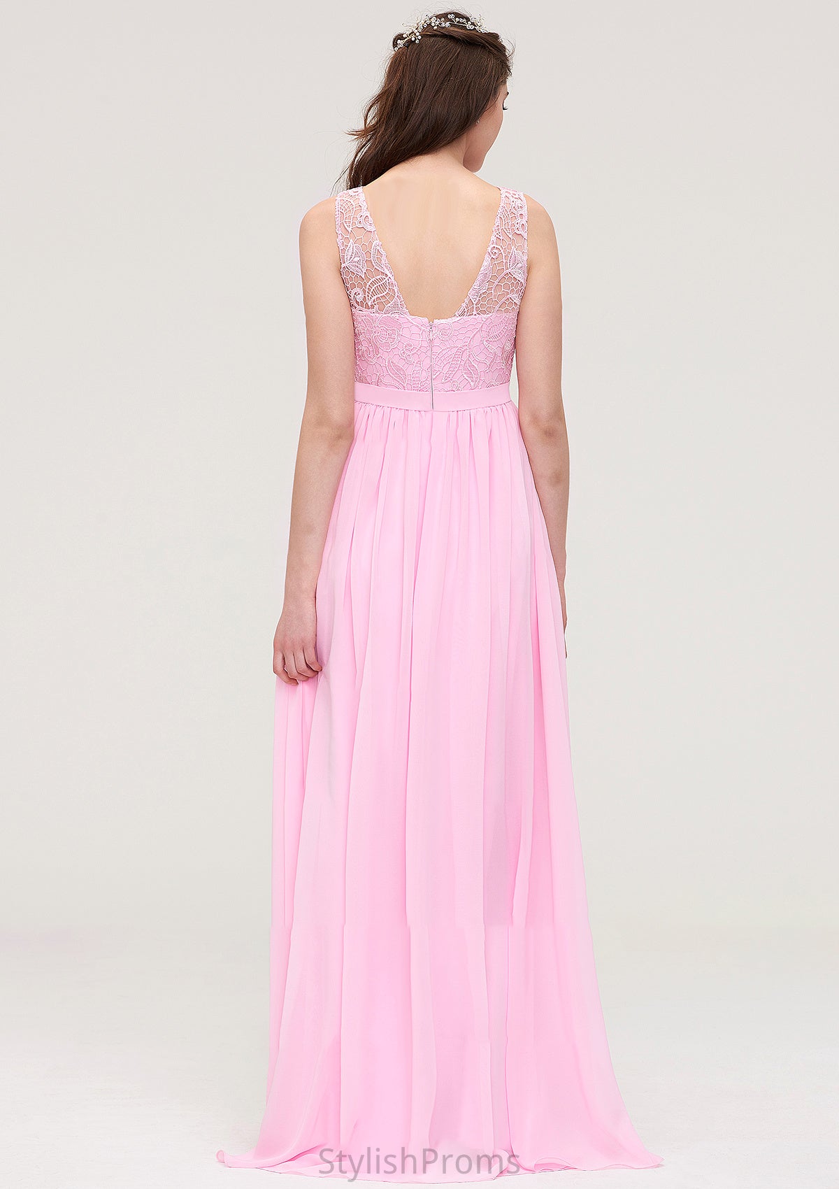 Bateau Sleeveless Long/Floor-Length Chiffon A-line/Princess Bridesmaid Dresses With Lace Aniya HQP0025489