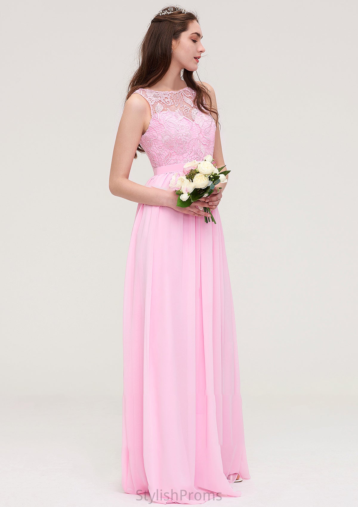 Bateau Sleeveless Long/Floor-Length Chiffon A-line/Princess Bridesmaid Dresses With Lace Aniya HQP0025489