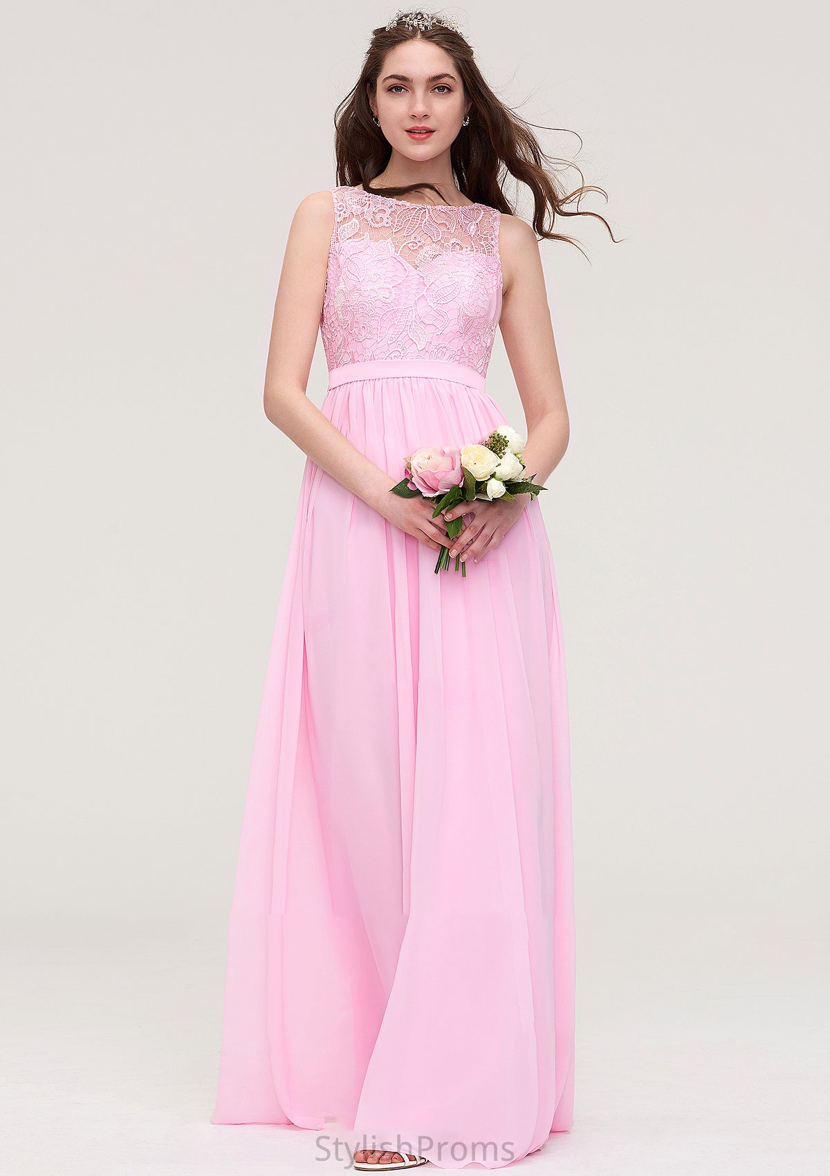 Bateau Sleeveless Long/Floor-Length Chiffon A-line/Princess Bridesmaid Dresses With Lace Aniya HQP0025489