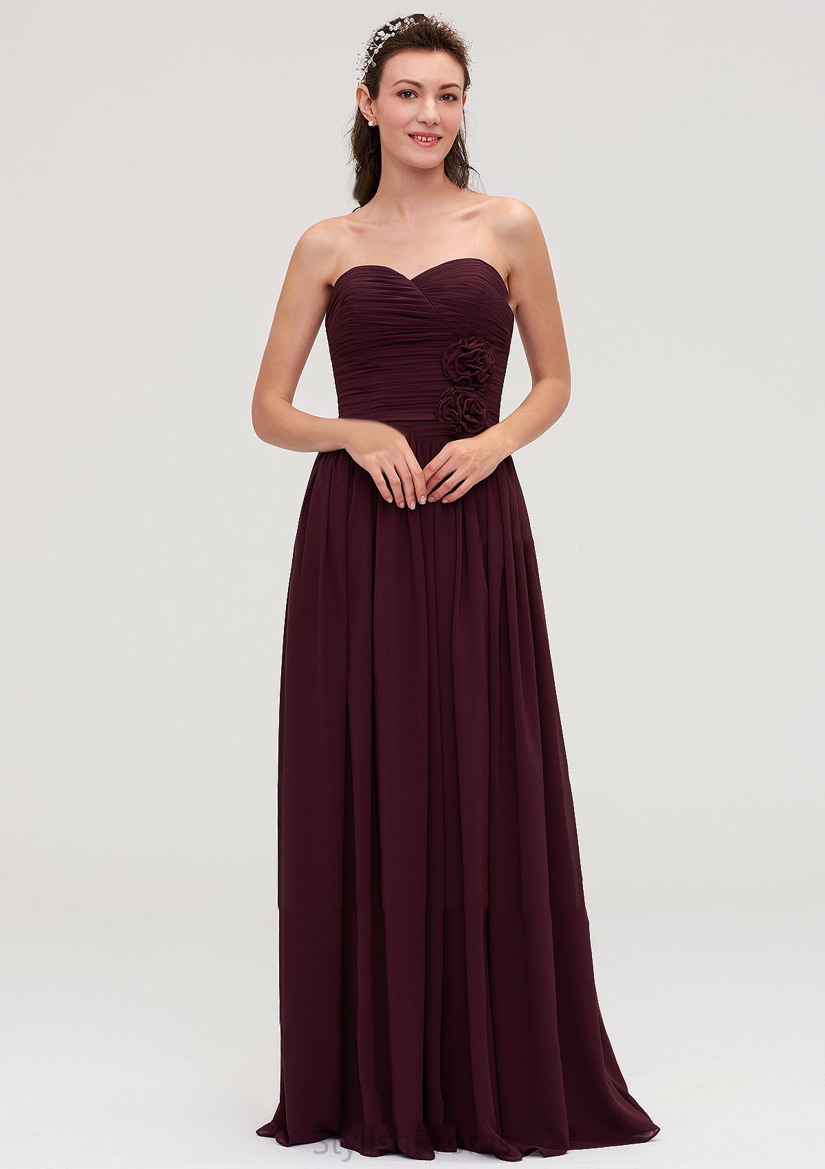 Sweetheart Sleeveless Long/Floor-Length Chiffon A-line/Princess Bridesmaid Dresses With Pleated Nell HQP0025490