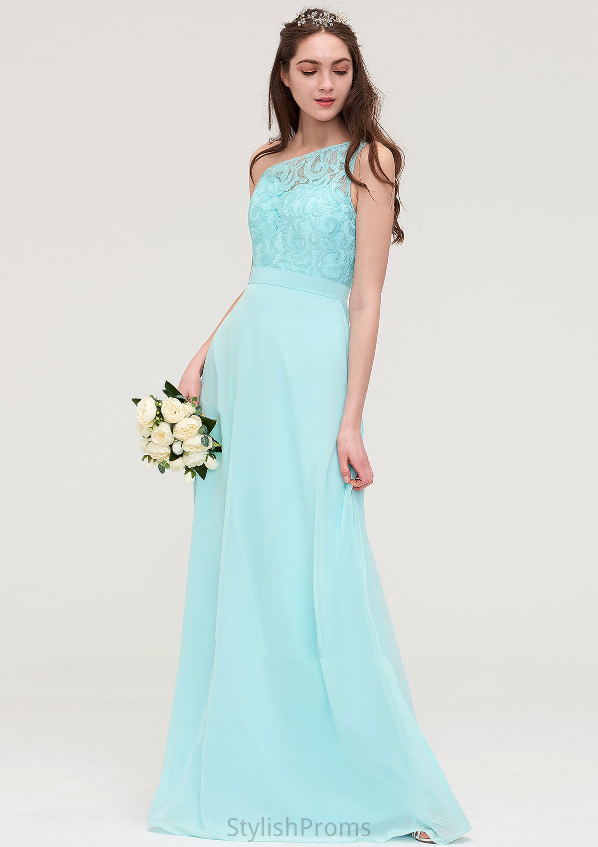 One-Shoulder Sleeveless Long/Floor-Length Chiffon A-line/Princess Bridesmaid Dresses With Lace Alma HQP0025491