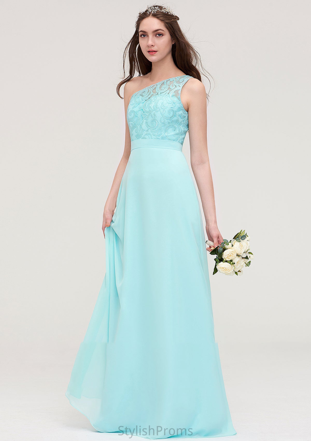 One-Shoulder Sleeveless Long/Floor-Length Chiffon A-line/Princess Bridesmaid Dresses With Lace Alma HQP0025491