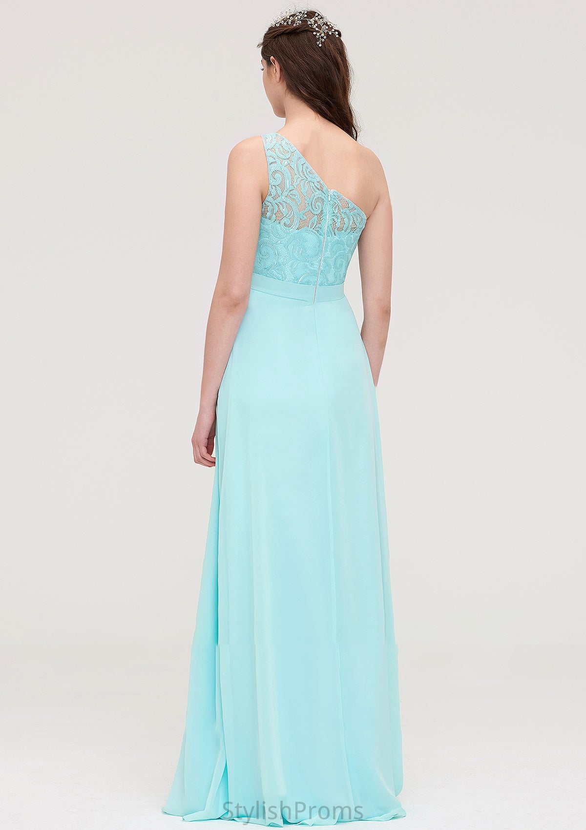 One-Shoulder Sleeveless Long/Floor-Length Chiffon A-line/Princess Bridesmaid Dresses With Lace Alma HQP0025491