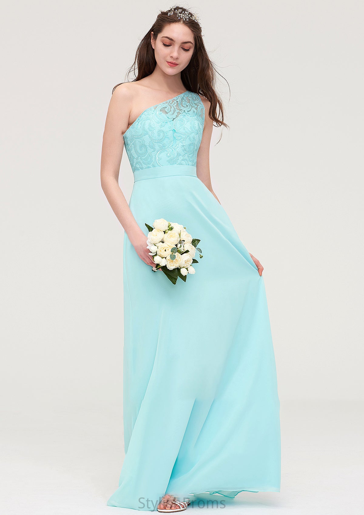 One-Shoulder Sleeveless Long/Floor-Length Chiffon A-line/Princess Bridesmaid Dresses With Lace Alma HQP0025491