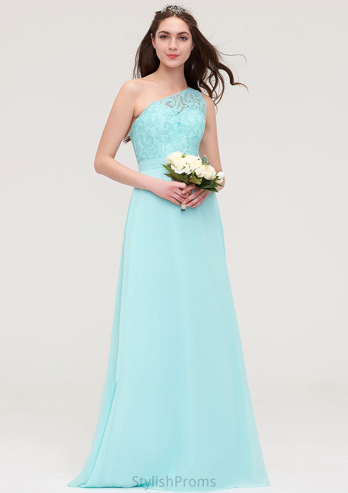 One-Shoulder Sleeveless Long/Floor-Length Chiffon A-line/Princess Bridesmaid Dresses With Lace Alma HQP0025491