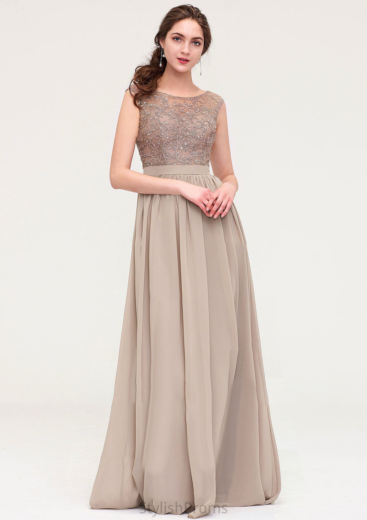 Sleeveless Scoop Neck Long/Floor-Length Chiffon A-line/Princess Bridesmaid Dresses With Sequins Beading Lace Pleated Maeve HQP0025493