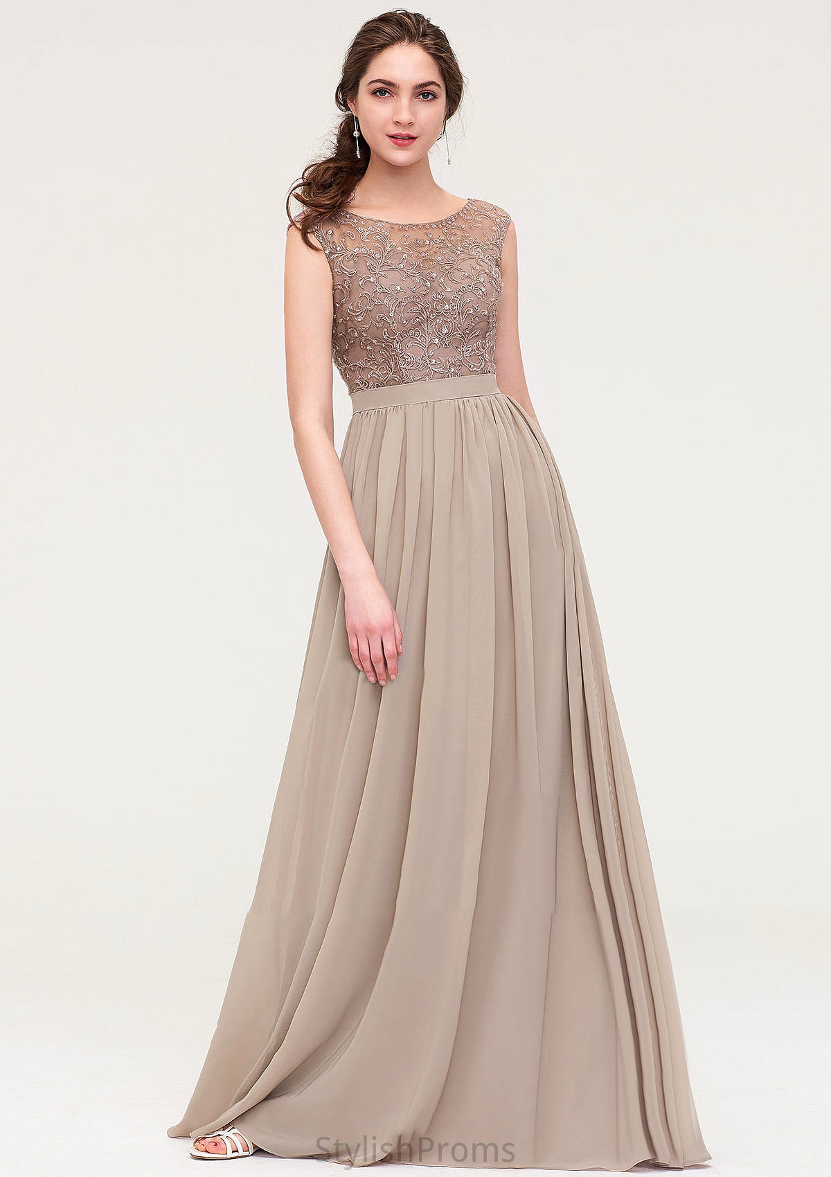 Sleeveless Scoop Neck Long/Floor-Length Chiffon A-line/Princess Bridesmaid Dresses With Sequins Beading Lace Pleated Maeve HQP0025493