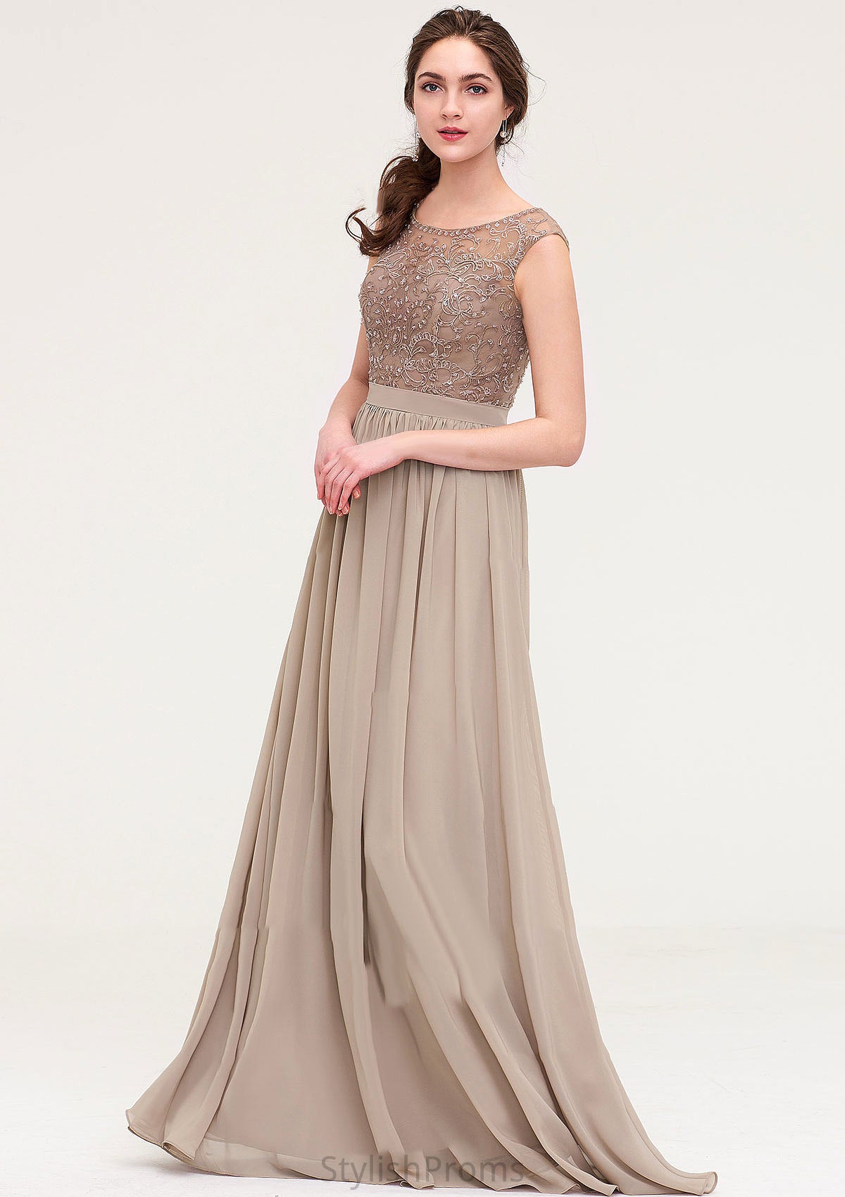 Sleeveless Scoop Neck Long/Floor-Length Chiffon A-line/Princess Bridesmaid Dresses With Sequins Beading Lace Pleated Maeve HQP0025493