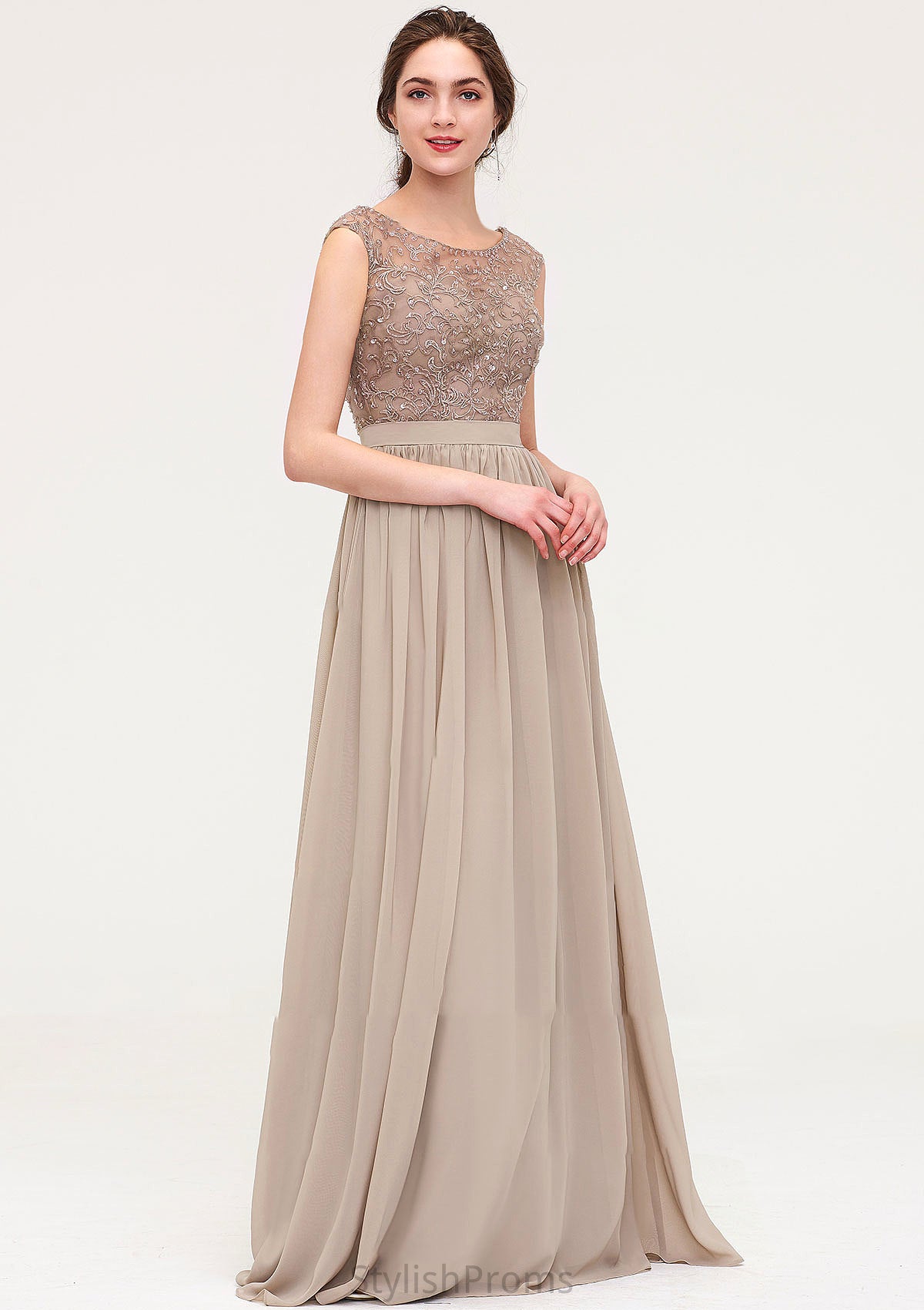 Sleeveless Scoop Neck Long/Floor-Length Chiffon A-line/Princess Bridesmaid Dresses With Sequins Beading Lace Pleated Maeve HQP0025493