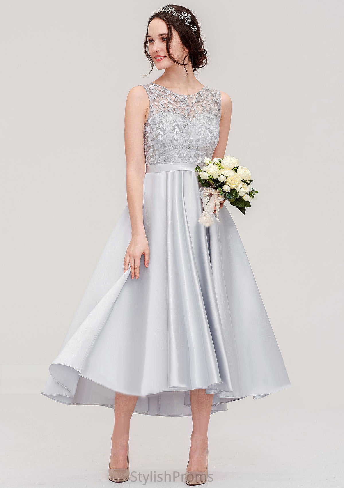 Bateau Sleeveless Tea-Length Satin A-line/Princess Bridesmaid Dresses With Sashes Lace Janiah HQP0025495