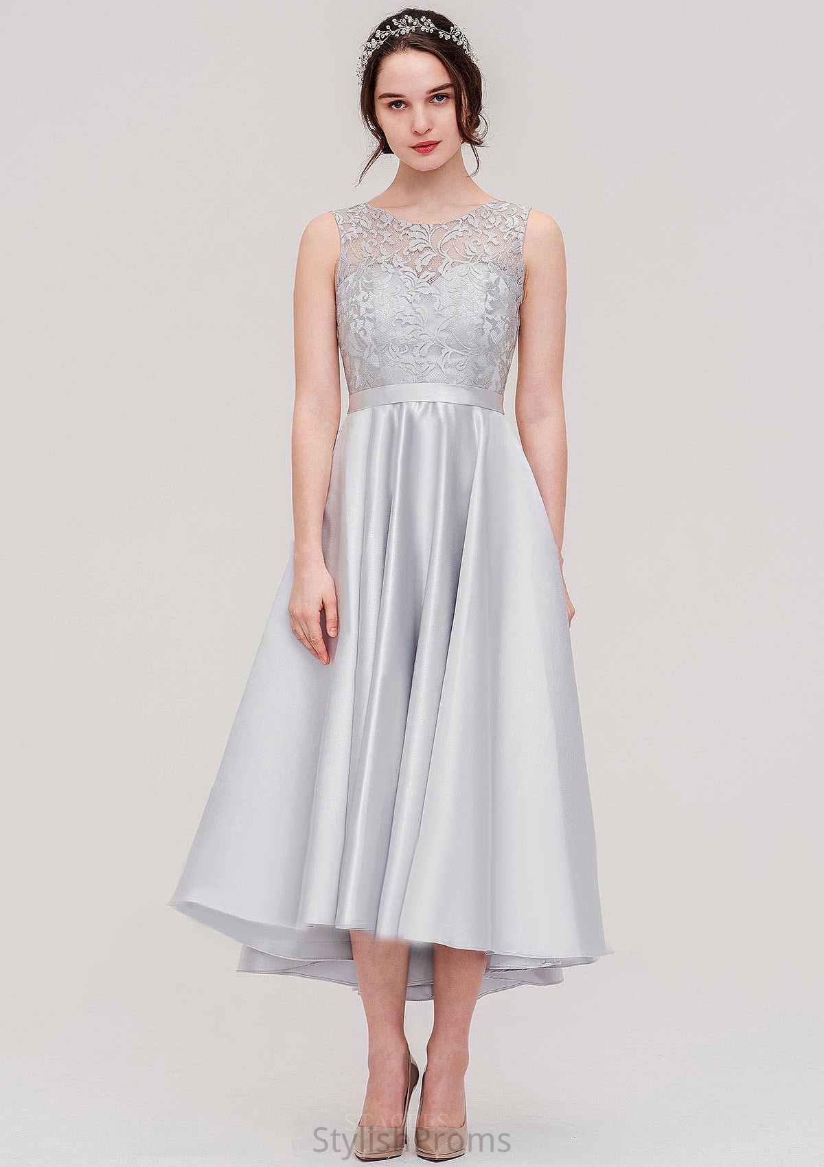 Bateau Sleeveless Tea-Length Satin A-line/Princess Bridesmaid Dresses With Sashes Lace Janiah HQP0025495