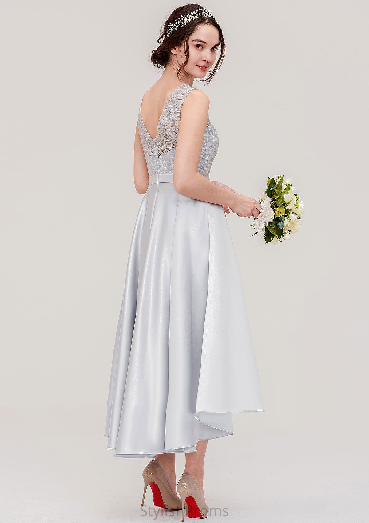 Bateau Sleeveless Tea-Length Satin A-line/Princess Bridesmaid Dresses With Sashes Lace Janiah HQP0025495