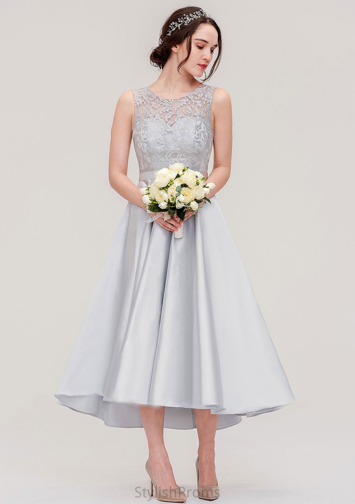 Bateau Sleeveless Tea-Length Satin A-line/Princess Bridesmaid Dresses With Sashes Lace Janiah HQP0025495