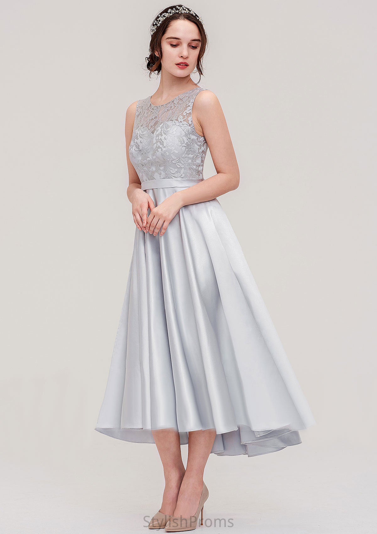 Bateau Sleeveless Tea-Length Satin A-line/Princess Bridesmaid Dresses With Sashes Lace Janiah HQP0025495