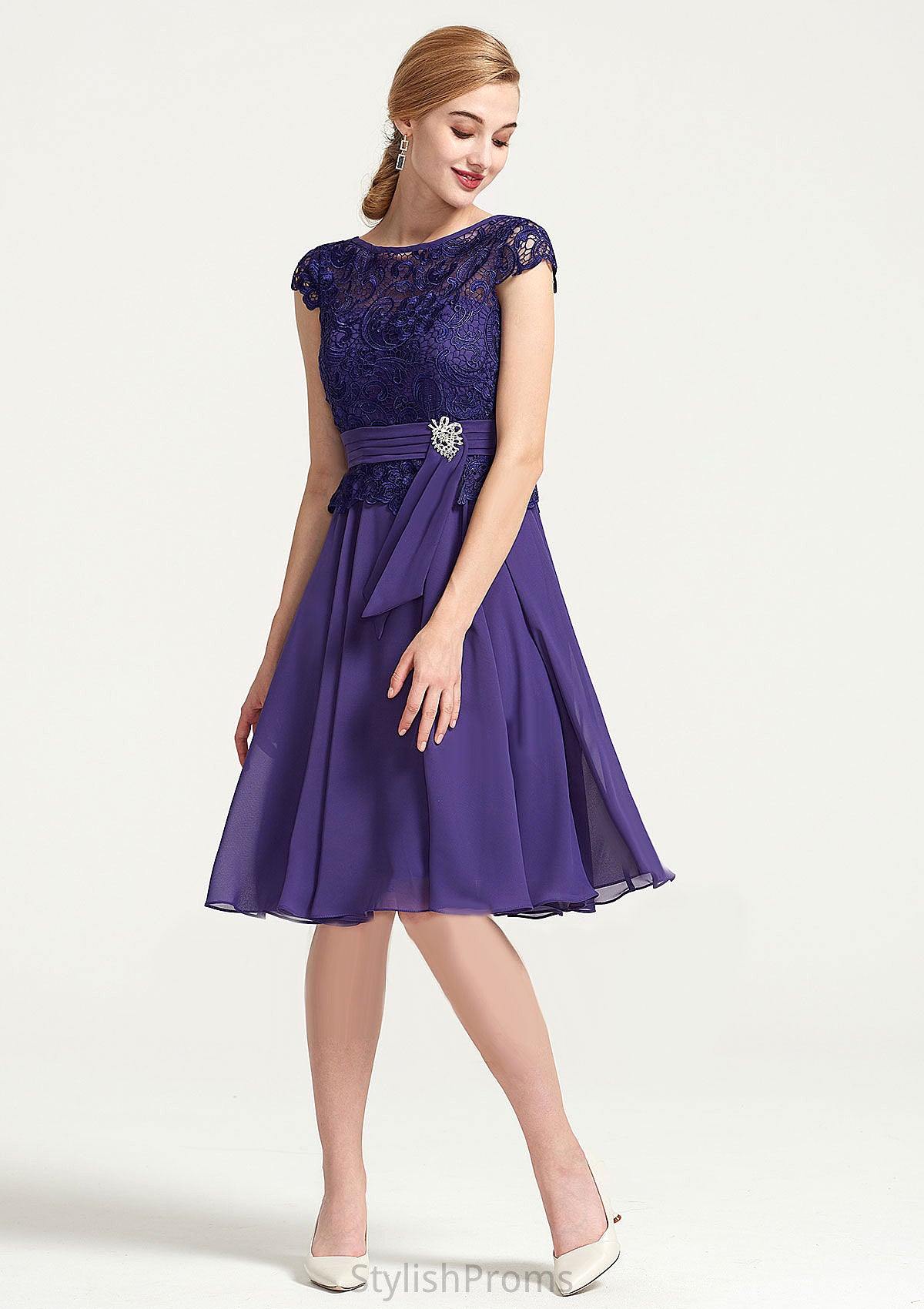 Sleeveless Bateau Knee-Length A-line/Princess Chiffon Bridesmaid Dresses With Rhinestone Appliqued Sashes Annika HQP0025496