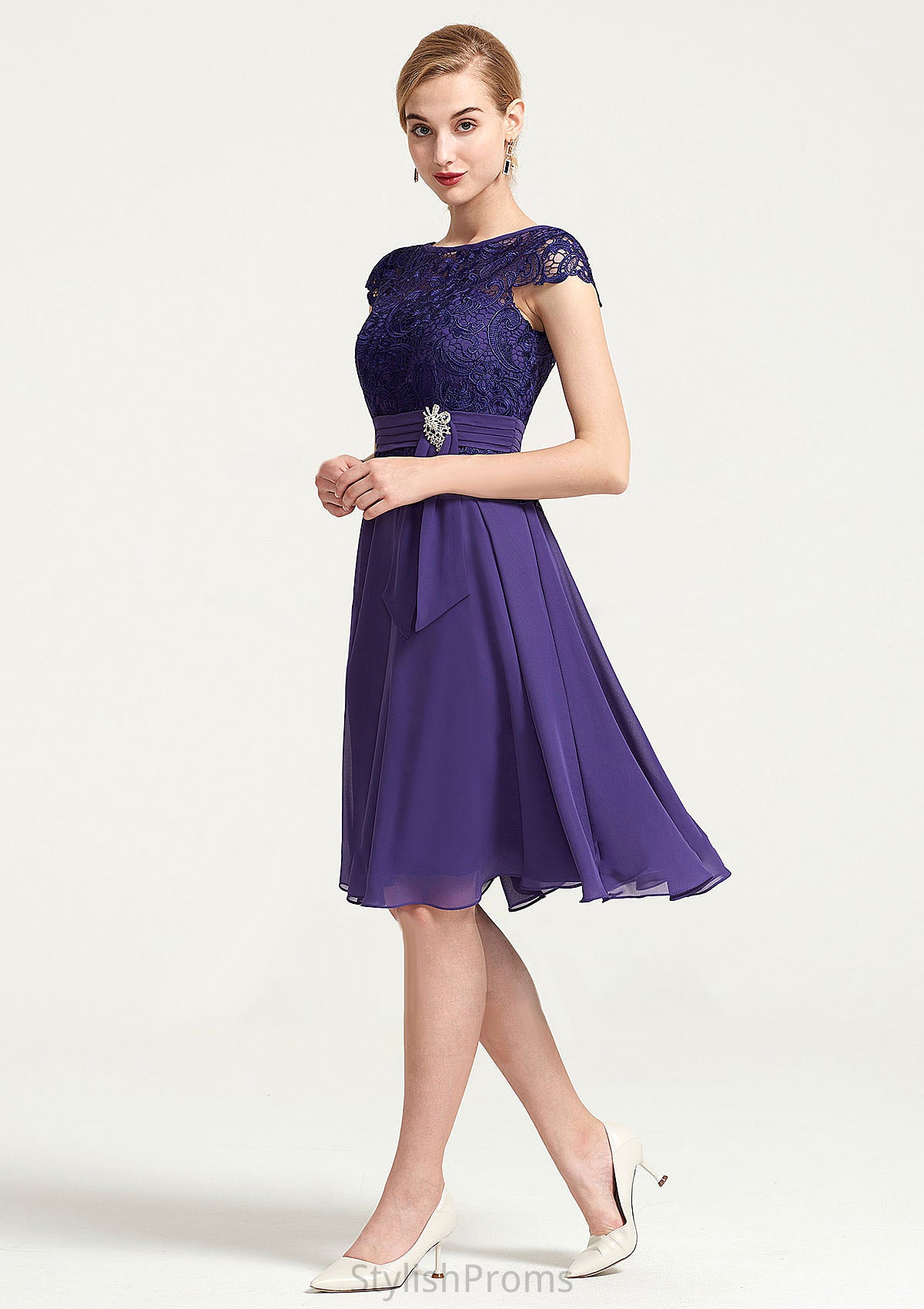 Sleeveless Bateau Knee-Length A-line/Princess Chiffon Bridesmaid Dresses With Rhinestone Appliqued Sashes Annika HQP0025496