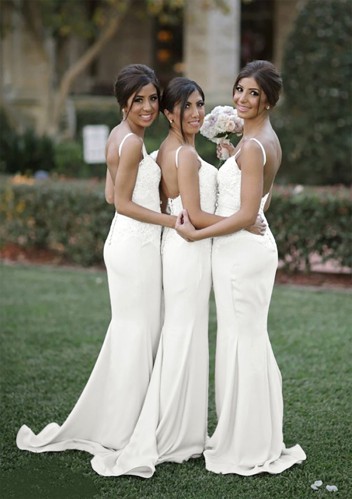 Sweetheart Court Train Sheath/Column Elastic Satin Bridesmaid Dresseses With Lace Salome HQP0025500