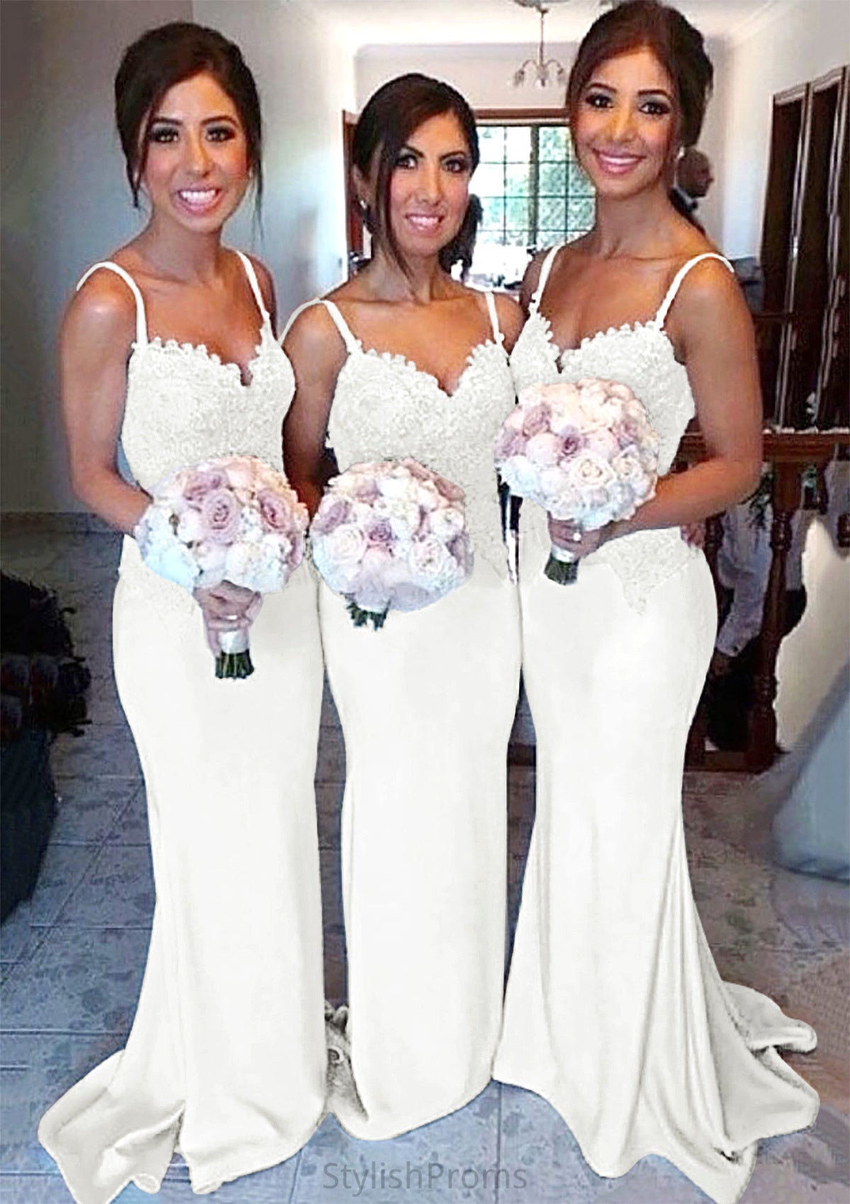 Sweetheart Court Train Sheath/Column Elastic Satin Bridesmaid Dresseses With Lace Salome HQP0025500