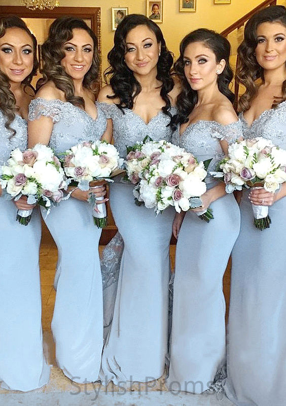 Off-The-Shoulder Sweep Train Sheath/Column Bridesmaid Dresseses With Lace Appliqued Laylah HQP0025501