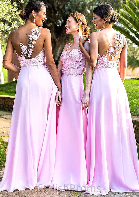 Sleeveless One-Shoulder Sweep Train A-line/Princess Chiffon Bridesmaid Dresseses With Appliqued Sylvia HQP0025506