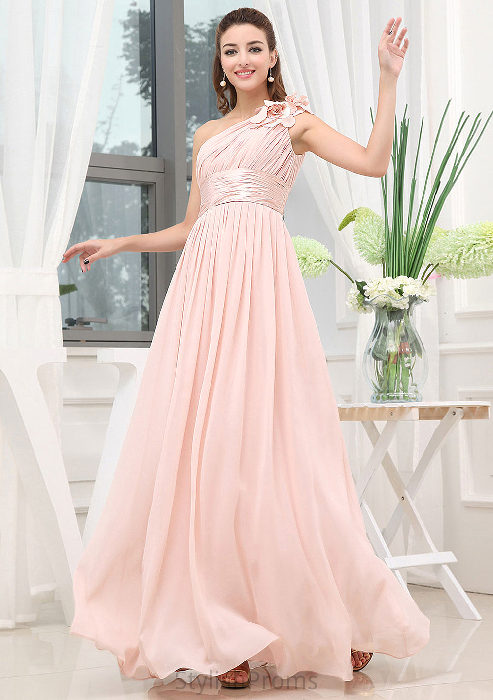 Sleeveless One-Shoulder Long/Floor-Length A-line/Princess Chiffon Bridesmaid Dresses With Pleated Shoulder Flower Katrina HQP0025507