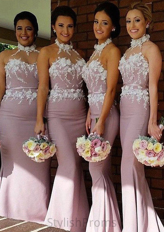 Halter Sleeveless Sweep Train Sheath/Column Satin Bridesmaid Dresses With Appliqued Heaven HQP0025515