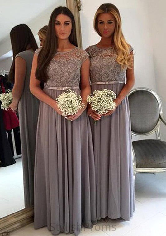 Bateau A-Line/Princess Long/Floor-Length Chiffon Bridesmaid Dresses With Appliqued Callie HQP0025517