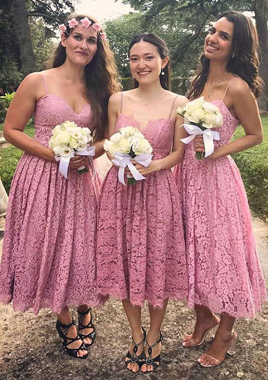 Sleeveless Sweetheart Tea-Length A-line/Princess Lace Bridesmaid Dresseses With Pleated Raegan HQP0025518