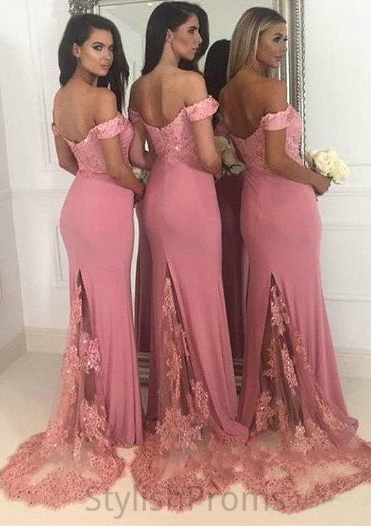 Sleeveless Off-the-Shoulder Sweep Train Sheath/Column Jersey Bridesmaid Dresseses With Lace Beading Ellen HQP0025519