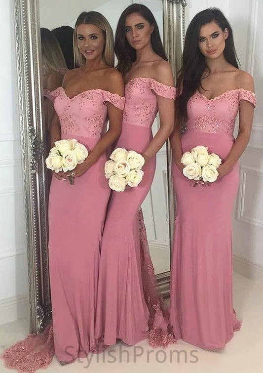 Sleeveless Off-the-Shoulder Sweep Train Sheath/Column Jersey Bridesmaid Dresseses With Lace Beading Ellen HQP0025519