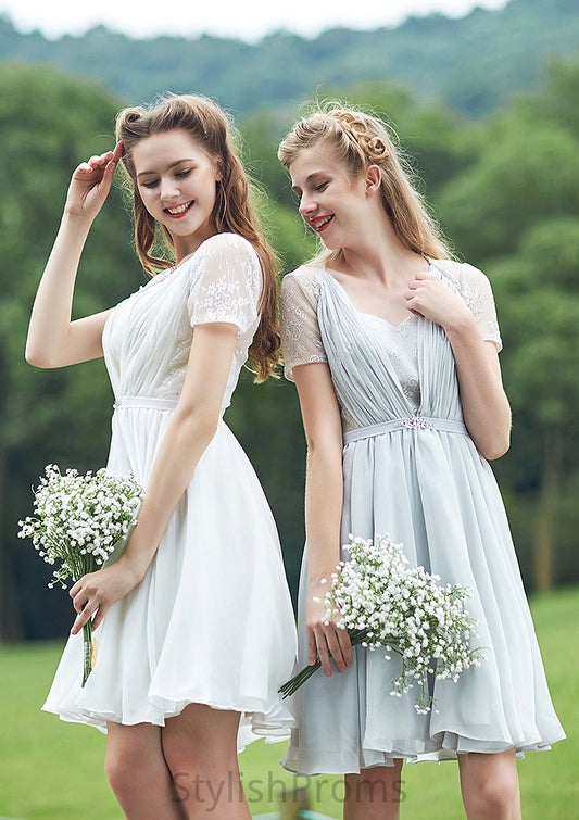 Short/Mini Scalloped Neck Short Sleeve Chiffon A-line/Princess Bridesmaid Dresseses With Lace Martina HQP0025520