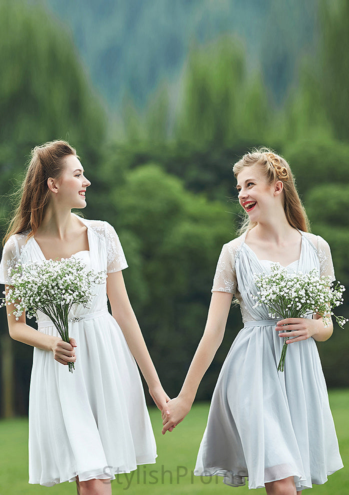 Short/Mini Scalloped Neck Short Sleeve Chiffon A-line/Princess Bridesmaid Dresseses With Lace Martina HQP0025520