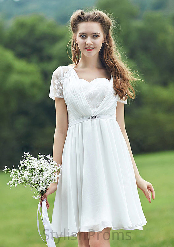 Short/Mini Scalloped Neck Short Sleeve Chiffon A-line/Princess Bridesmaid Dresseses With Lace Martina HQP0025520