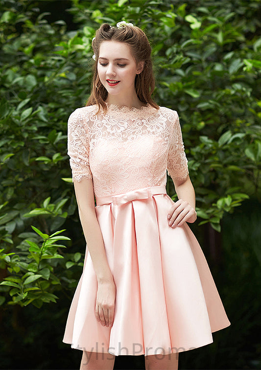 Bateau Short Sleeve Short/Mini A-line/Princess Satin Bridesmaid Dresses With Waistband Pleated Lace Taylor HQP0025521