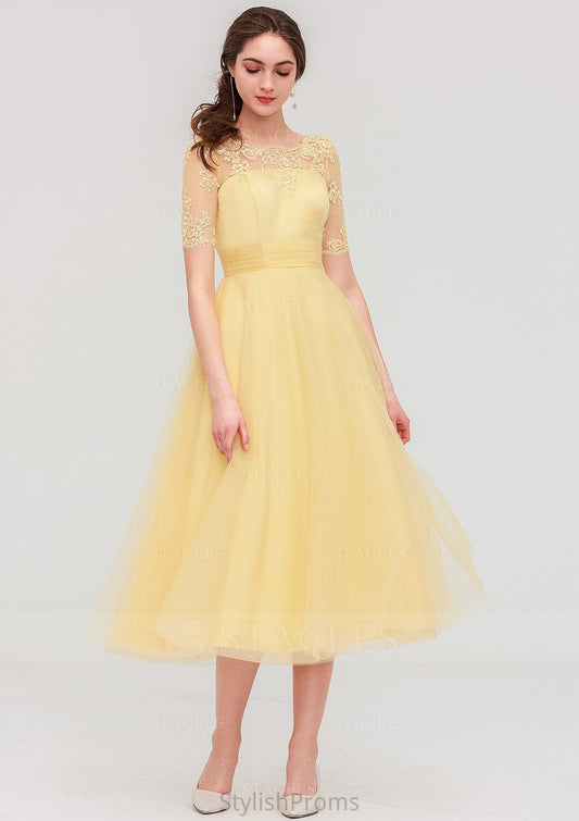 Bateau Short Sleeve A-line/Princess Tulle Tea-Length  Bridesmaid Dresses With Pleated Lace Thea HQP0025522