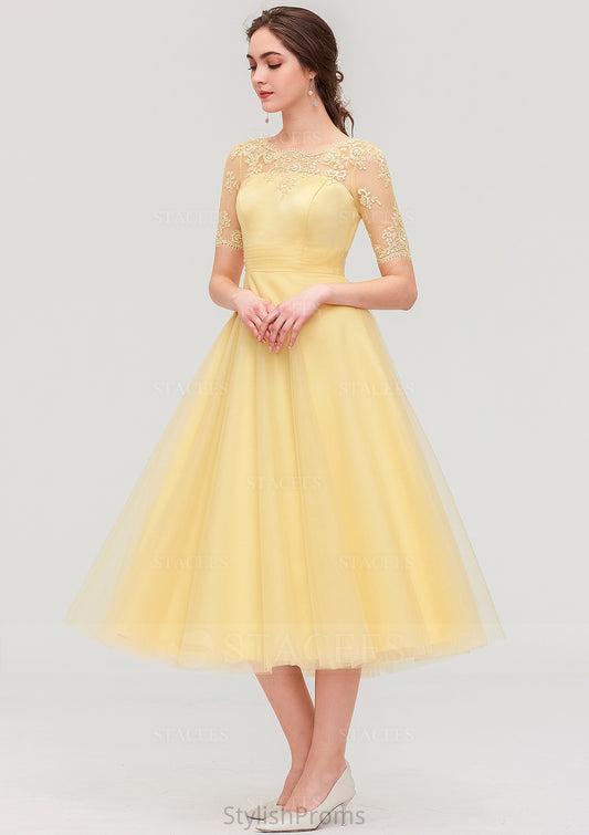 Bateau Short Sleeve A-line/Princess Tulle Tea-Length  Bridesmaid Dresses With Pleated Lace Thea HQP0025522