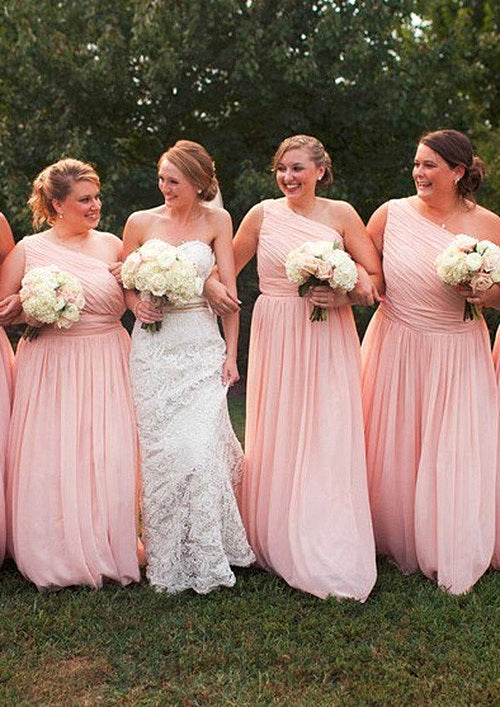 One-Shoulder A-Line/Princess Long/Floor-Length Chiffon Bridesmaid Dresses With Pleated Campbell HQP0025529