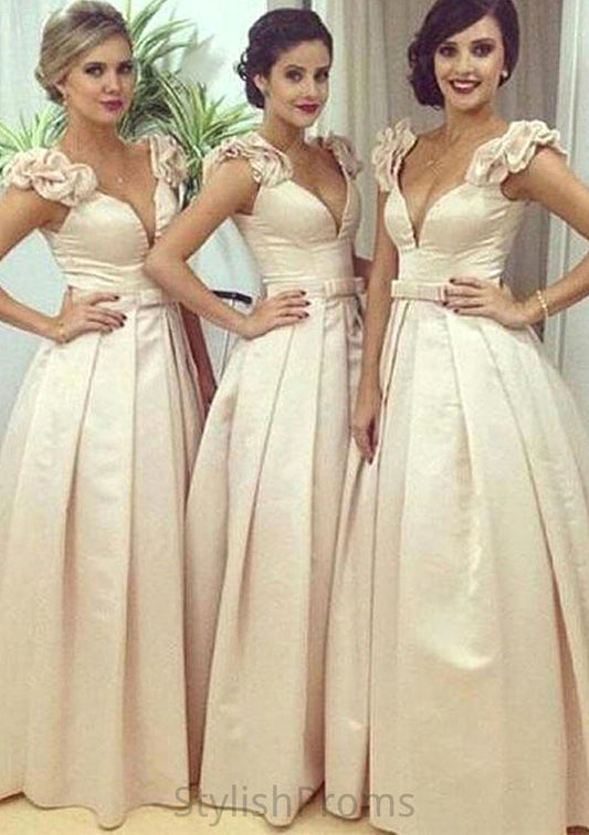 Sleeveless V Neck Long/Floor-Length A-line/Princess Satin Bridesmaid Dresseses With Pleated Waistband Madilyn HQP0025536