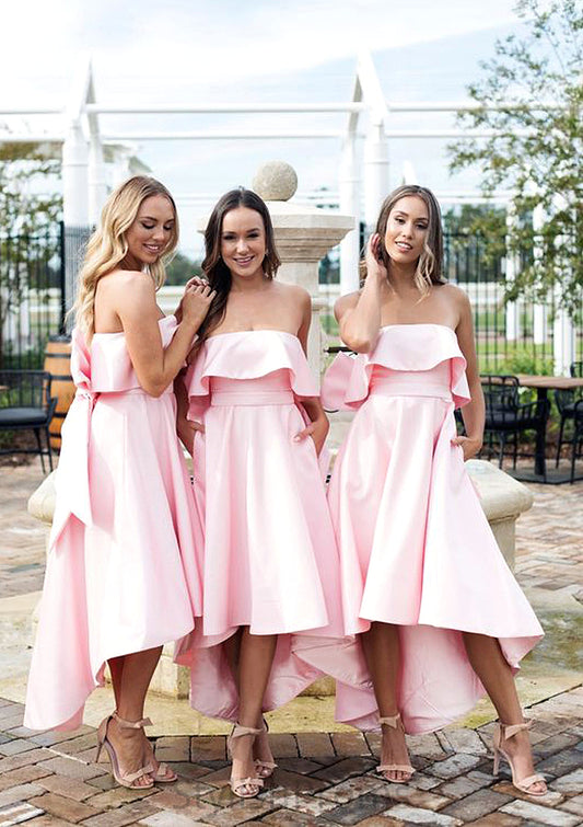 Sleeveless Strapless Asymmetrical A-line/Princess Satin Bridesmaid Dresseses With Bowknot Ruffles Lauryn HQP0025539