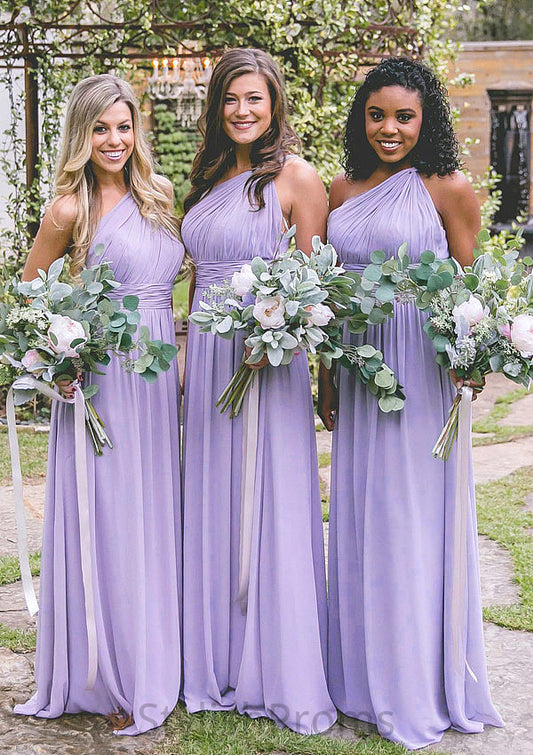 One-Shoulder A-Line/Princess Long/Floor-Length Chiffon Bridesmaid Dresses With Pleated Hayden HQP0025544