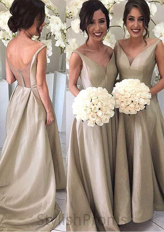 A-Line/Princess Sleeveless V-Neck Zipper Sweep Train Taffeta Bridesmaid Dresses Jackie HQP0025548