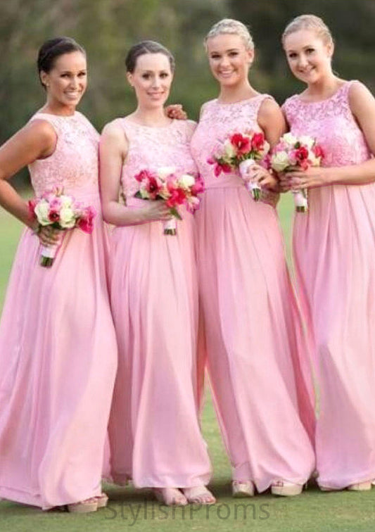 A-Line/Princess Bateau Long/Floor-Length Chiffon Bridesmaid Dresses With Lace Lainey HQP0025552