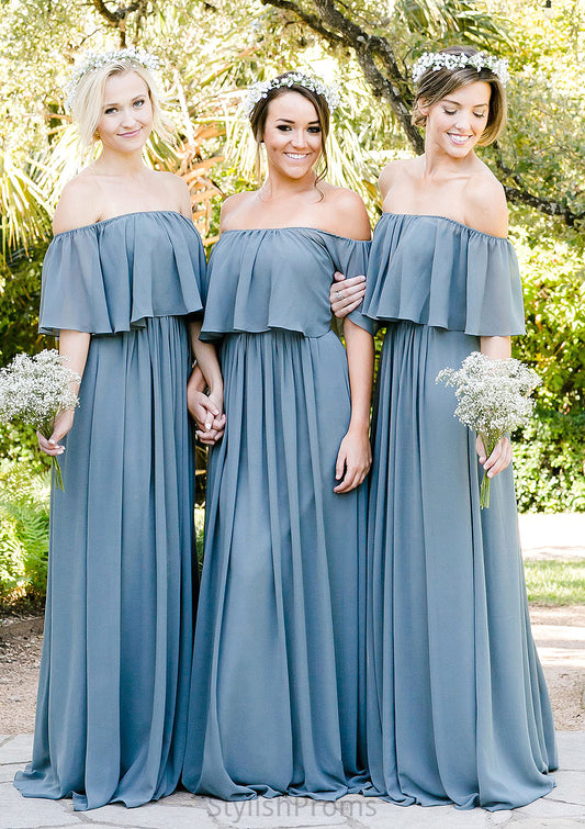 Off-The-Shoulder A-Line/Princess Long/Floor-Length Chiffon Bridesmaid Dresses With Ruffles Meredith HQP0025555