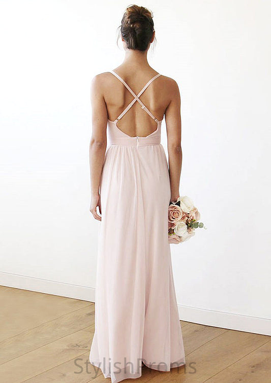 Spaghetti Straps Sleeveless V Neck Long/Floor-Length Chiffon Bridesmaid Dresses With Pleated Lynn HQP0025561