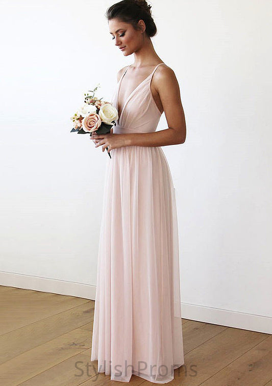 Spaghetti Straps Sleeveless V Neck Long/Floor-Length Chiffon Bridesmaid Dresses With Pleated Lynn HQP0025561