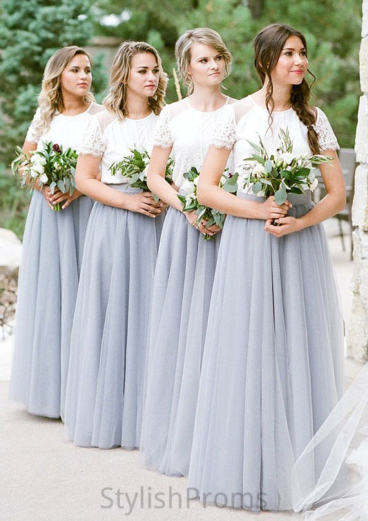 Short Sleeve Scoop Neck Long/Floor-Length A-line/Princess Tulle Bridesmaid Dresseses With Lace Nicola HQP0025563