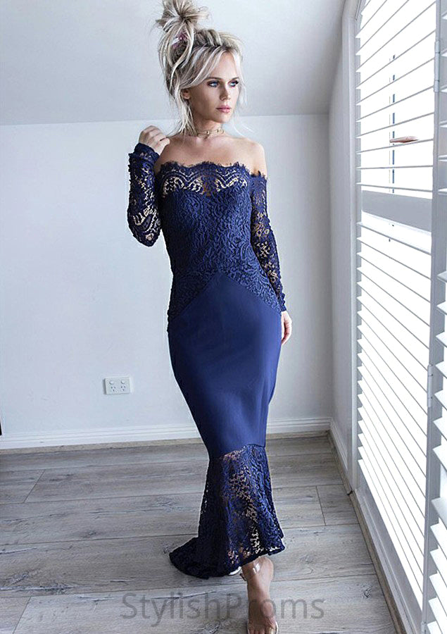 Off-the-Shoulder Full/Long Sleeve Asymmetrical Trumpet/Mermaid Lace Bridesmaid Dresseses Jasmine HQP0025566