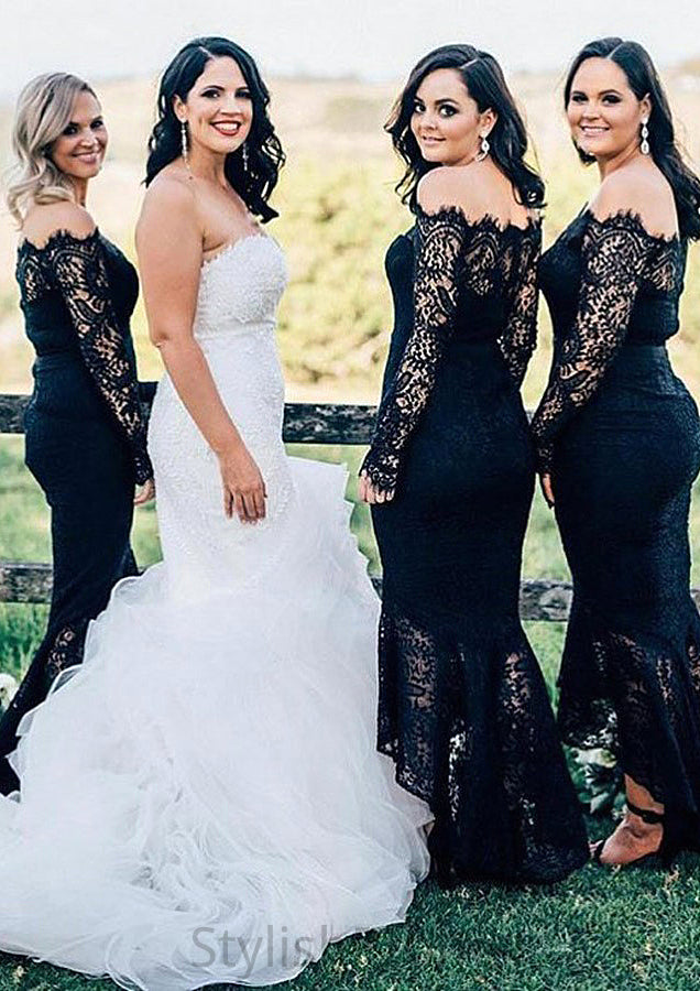 Off-the-Shoulder Full/Long Sleeve Asymmetrical Trumpet/Mermaid Lace Bridesmaid Dresseses Jasmine HQP0025566