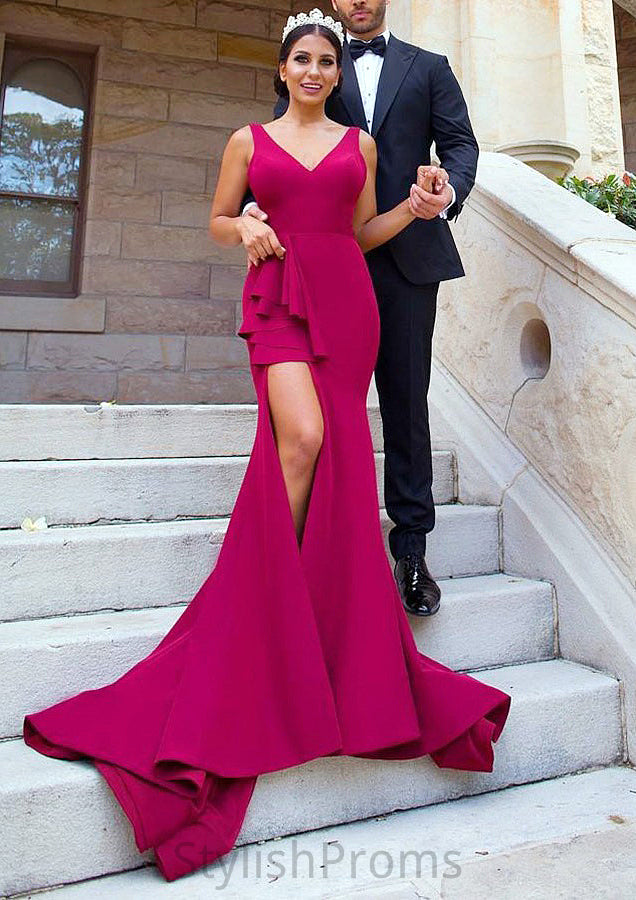 Sleeveless V Neck Court Train Sheath/Column Elastic Satin Bridesmaid Dresseses With Split Samara HQP0025567